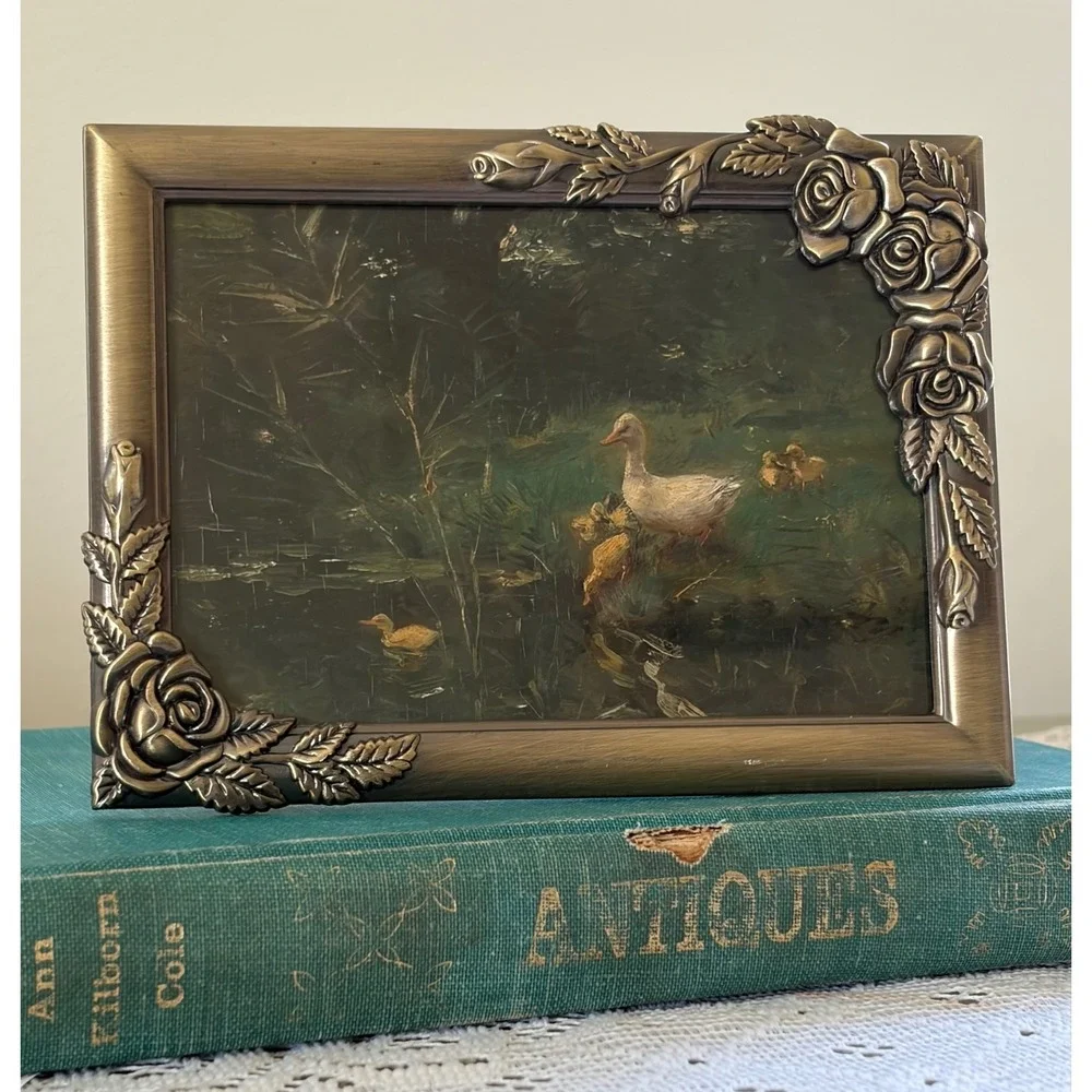 Vintage Pewter Rose Floral Picture Frame with Duck Pond Art Print 5x7 4x6